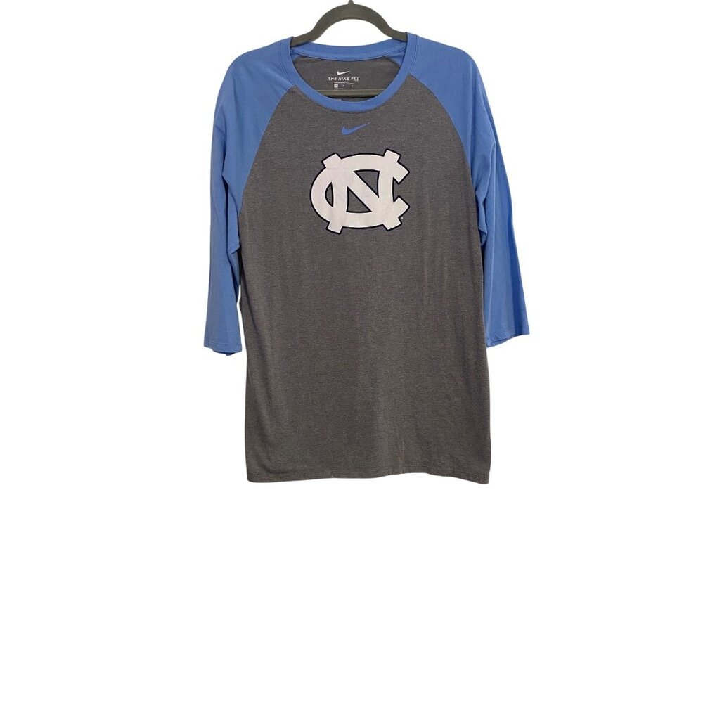 The Nike Tee Women's Size L Gray Blue UNC Logo Raglan Sleeve Shirt Athletic Cut